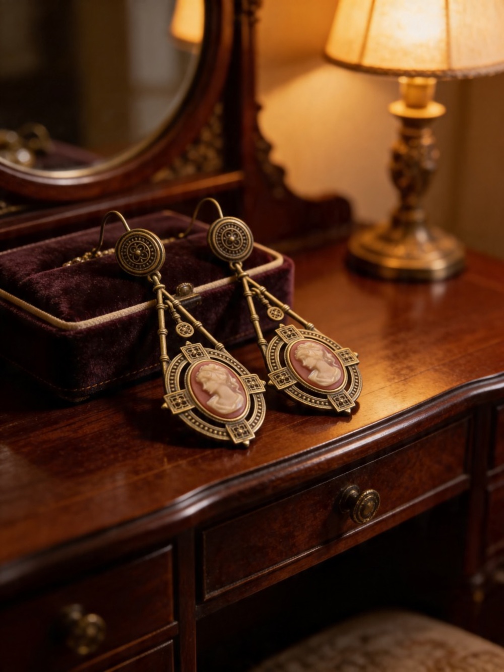 RARE Left-facing Victorian Cameo Drop Earrings in Antique Gold and Pink